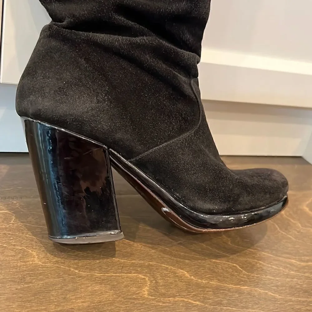 Robert Clergerie Black Boots Chunky Heel Suede Patent Leather Platform 6.5